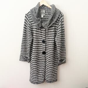 CURIO | Black White Sweater Coat Coatigan Long Line Houndstooth Plaid | Size XL